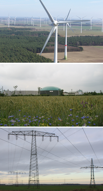 Biogasanlage, Windkraftanlagen und Stromleitungen sowie Photovoltaik-Freiflächen
