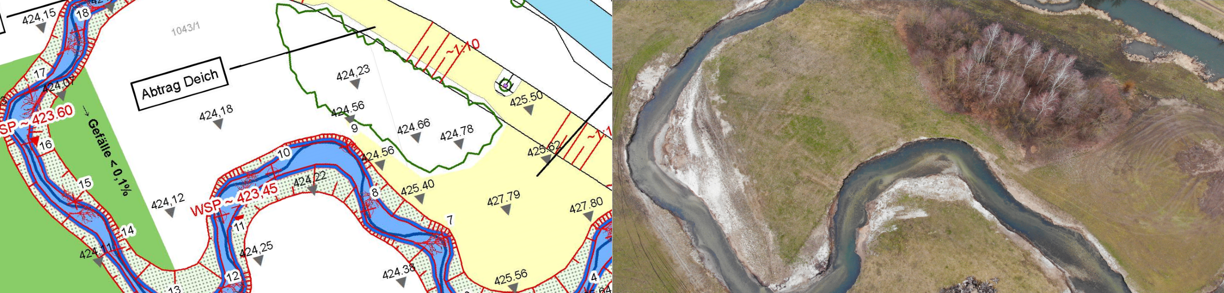 Ansicht von einem Flussverlauf - Kartenausschnitt links und Luftbild rechts geteilt